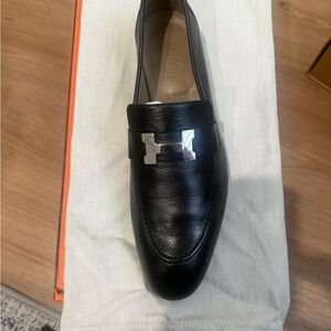 Hermes Black Leather Loafers with Silver Accent